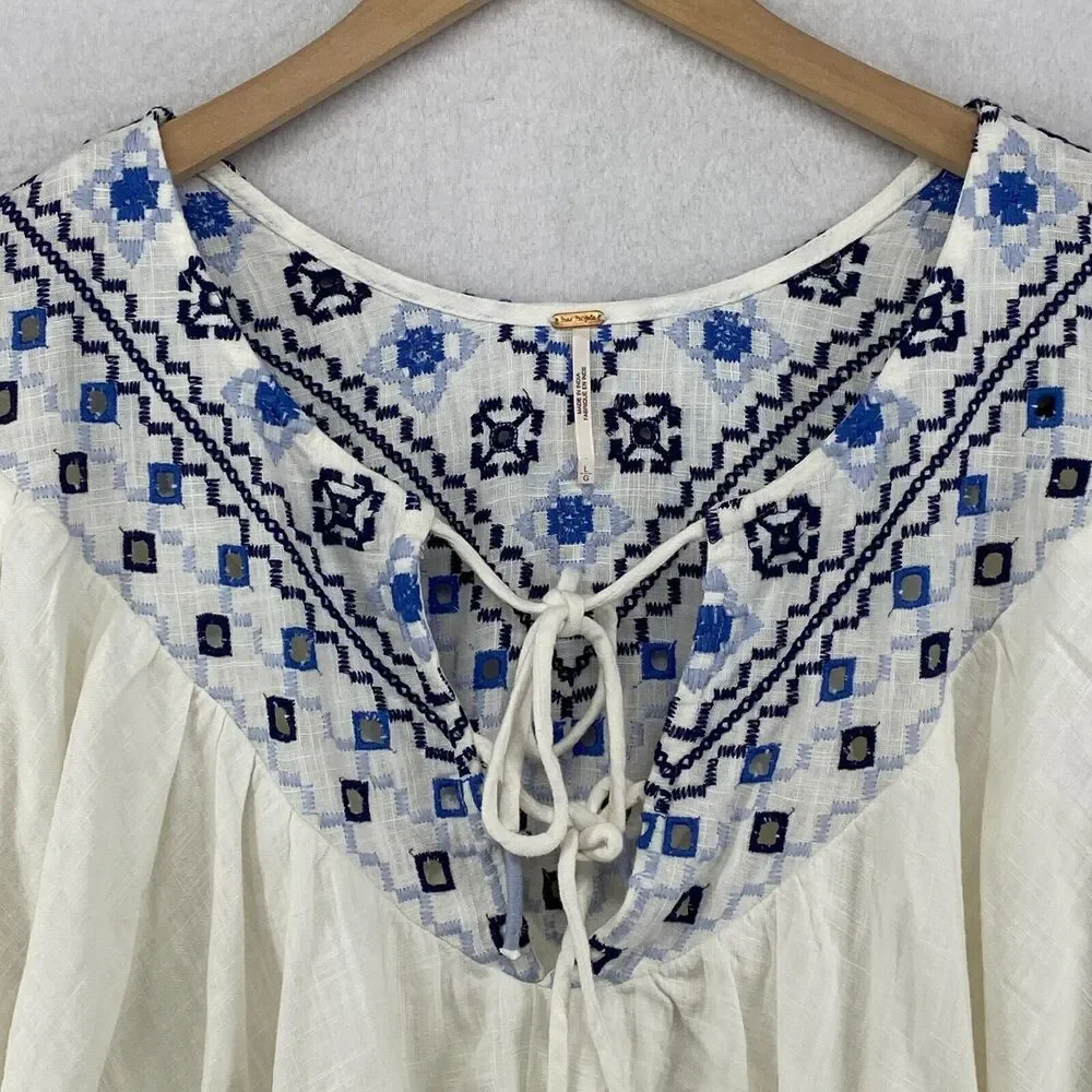 FREE PEOPLE Joni Top L Boho Embroidered Shirred Puff Sleeve Cropped White Blue